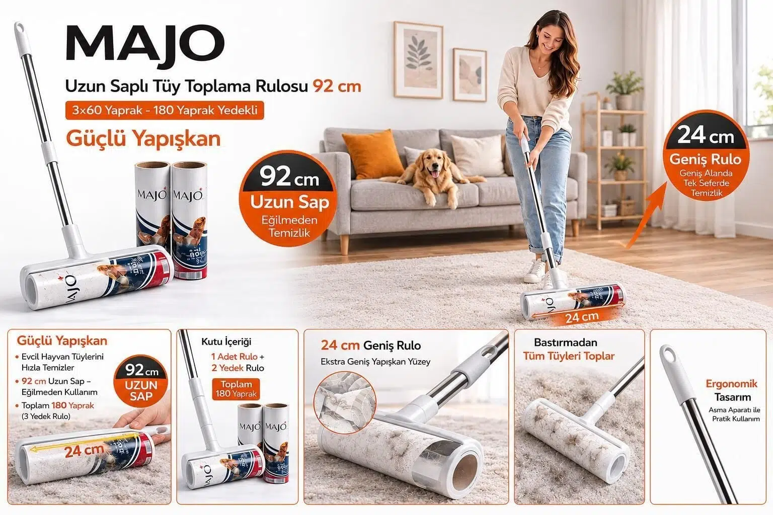 MAJO UZUN SAPLI TÜY TOPLAMA RULOSU MEGA 92 CM 60x3 180 YAPRAK