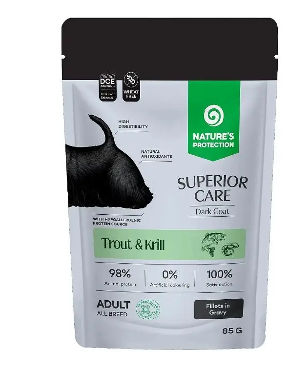 Natures Protection Koyu Tüylü Köpekler İçin Alabalıklı-Krilli Yaş Mama 85g